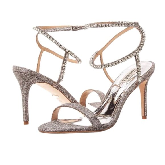 Badgley Mischka Shoes - CLAUDETTE Women's Glitter Embellished Heel Dress Sandals Pewter Glitter